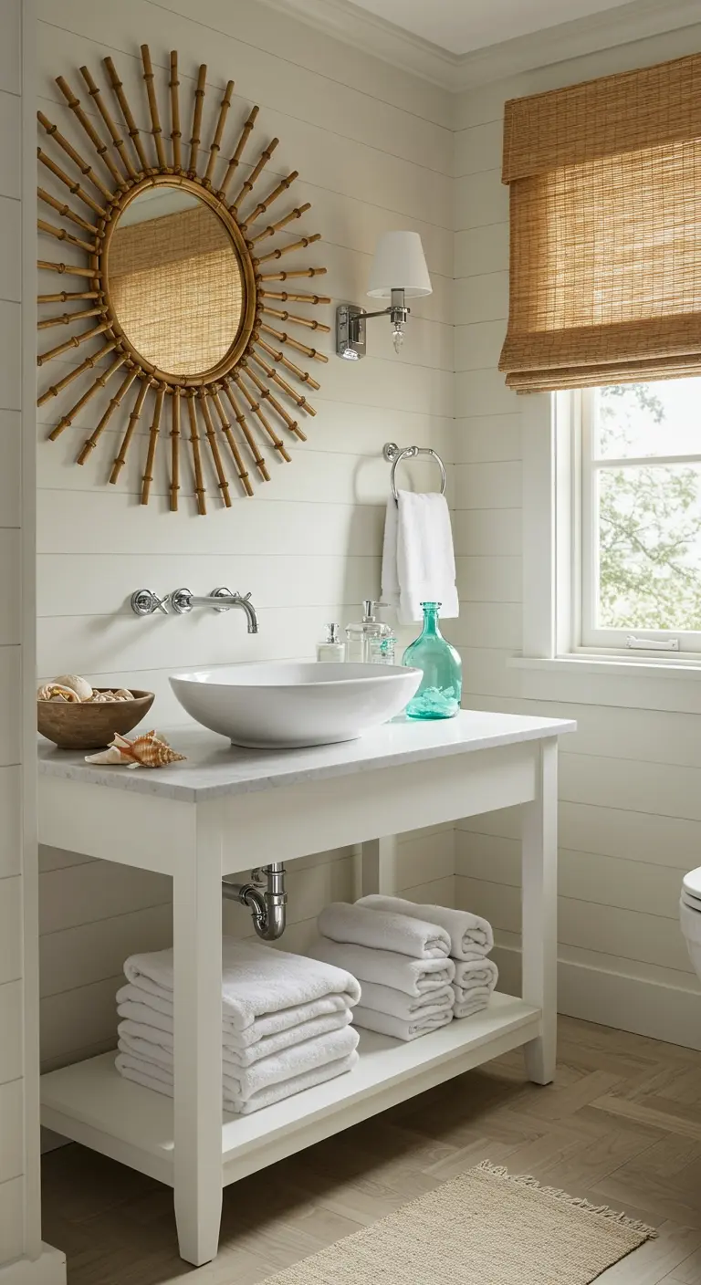 Espejo con marco de bambú en forma de sol sobre un lavabo blanco de estilo costero.