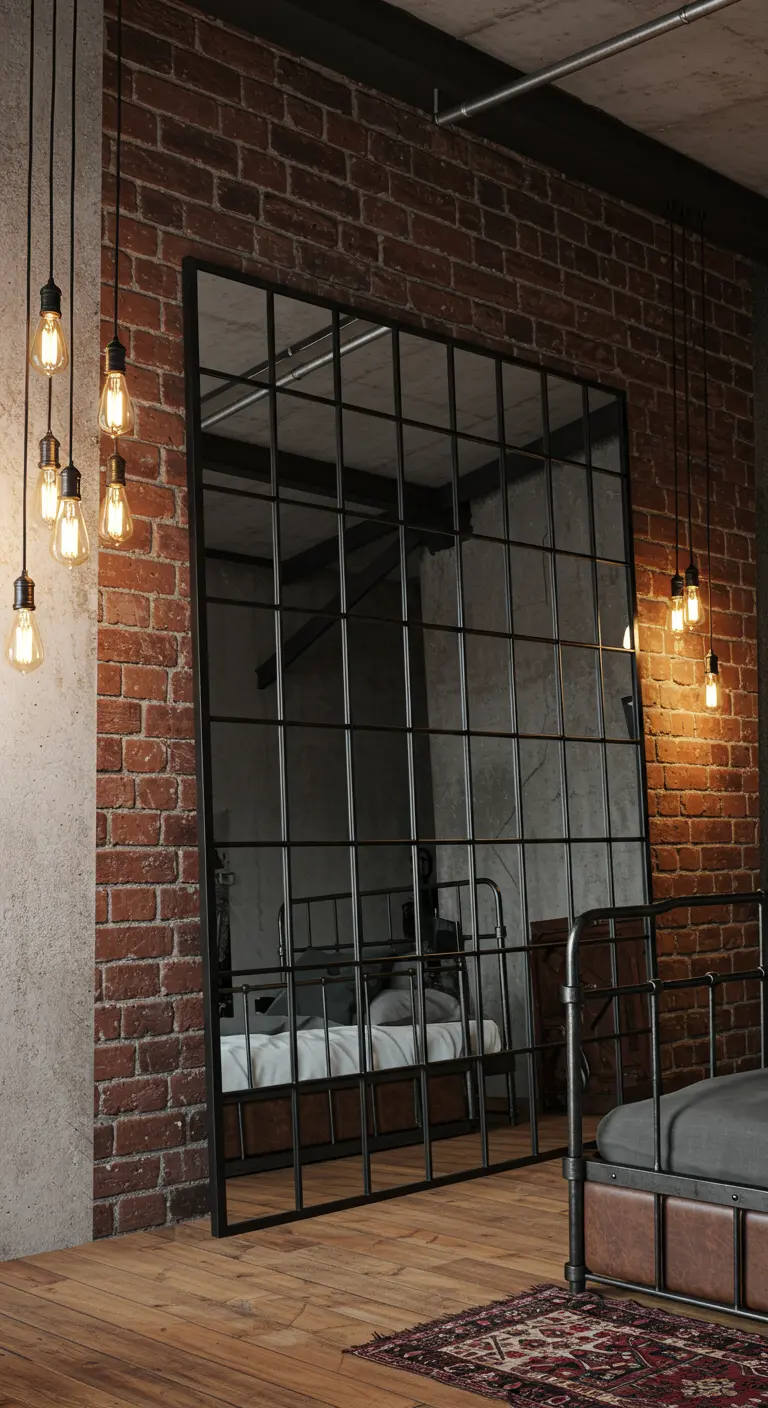 Gran espejo con cuarterones negros tipo ventana industrial apoyado en una pared de ladrillo visto.