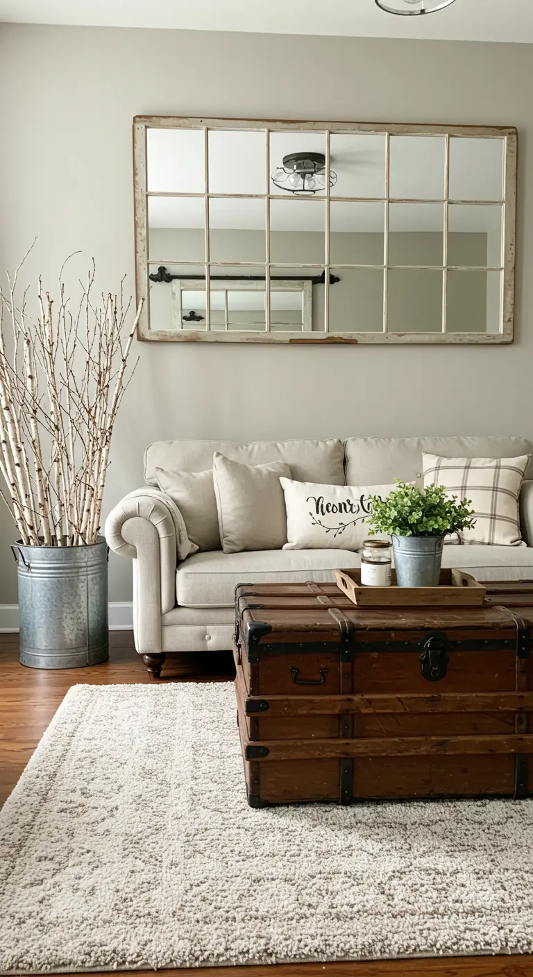 Espejo grande hecho con un marco de ventana antiguo de cuarterones blancos