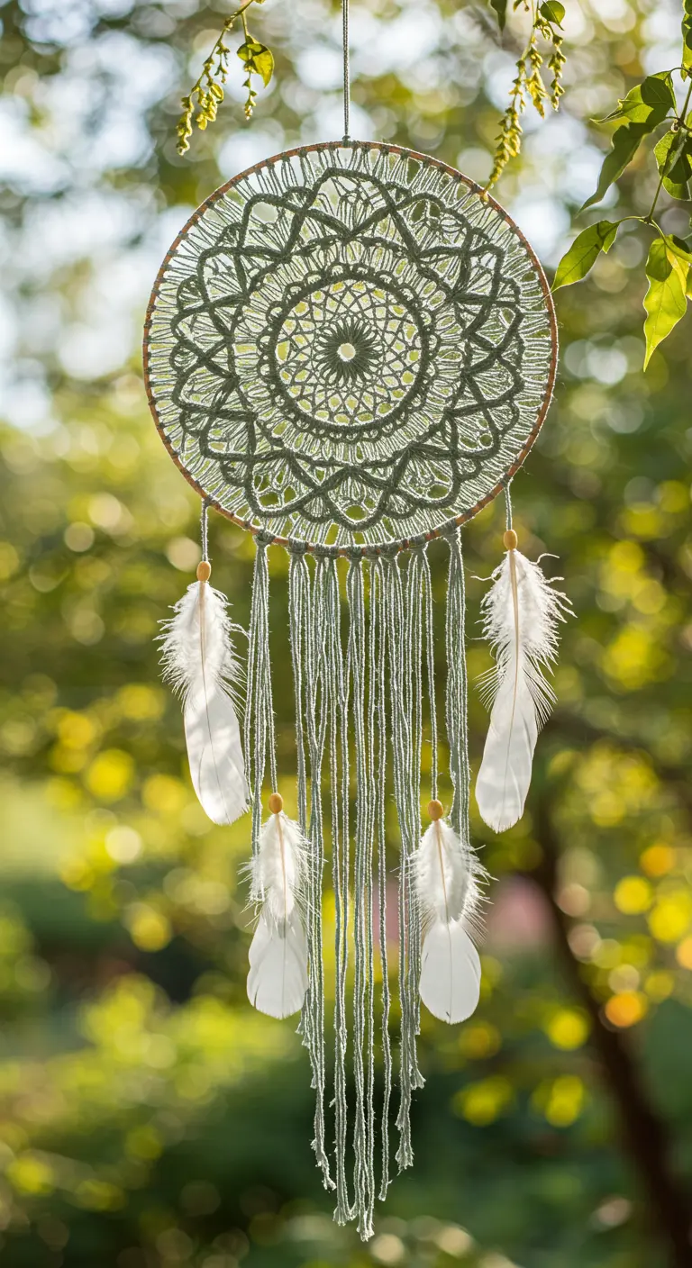 Atrapasueños de macramé con plumas blancas colgando de un árbol en un entorno natural.