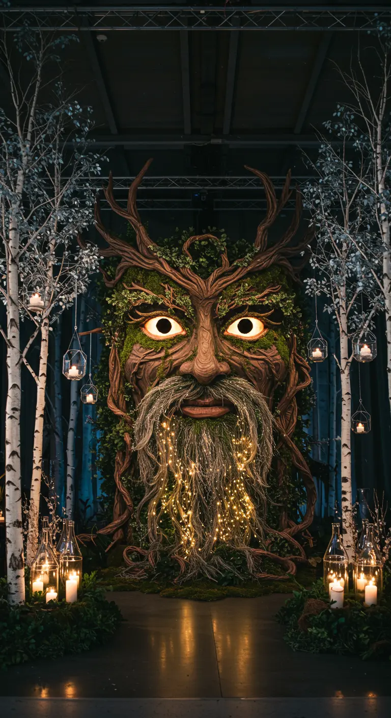 Máscara gigante de un espíritu del bosque con ojos brillantes y barba de luces en un entorno oscuro.