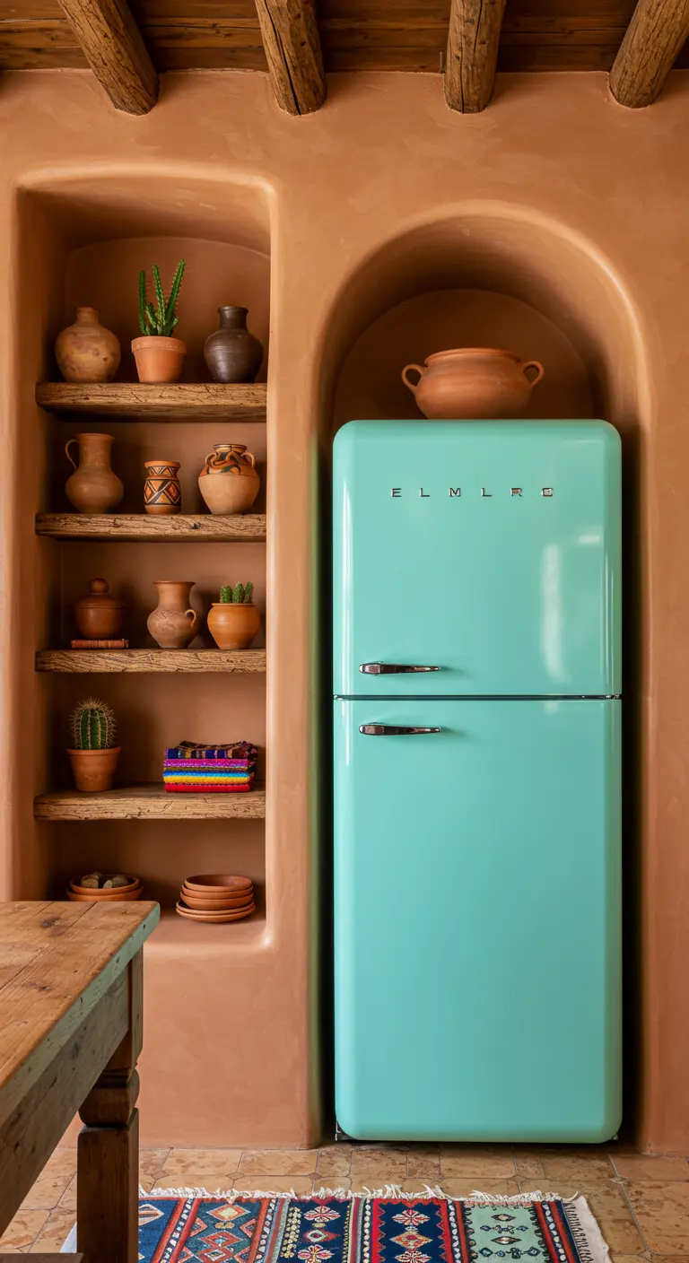 Cocina de estilo suroeste con frigorífico turquesa en un nicho de adobe y estantes con cerámica.