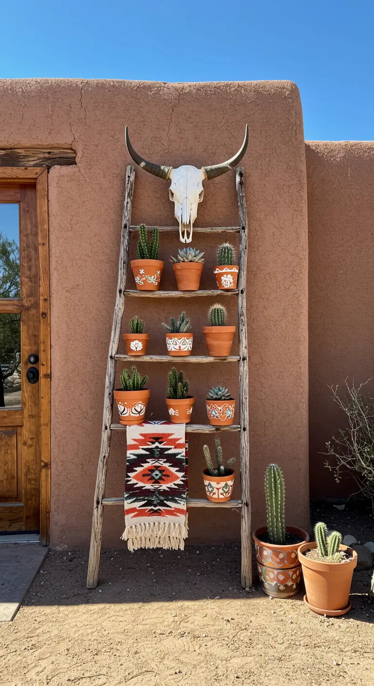 Escalera rústica de madera decorada con cactus, un cráneo de vaca y un tapete de estilo navajo.