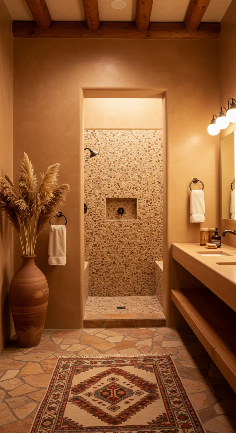 Baño de estilo suroeste con paredes de color terracota, ducha de obra con guijarros y jarrón con pampas.