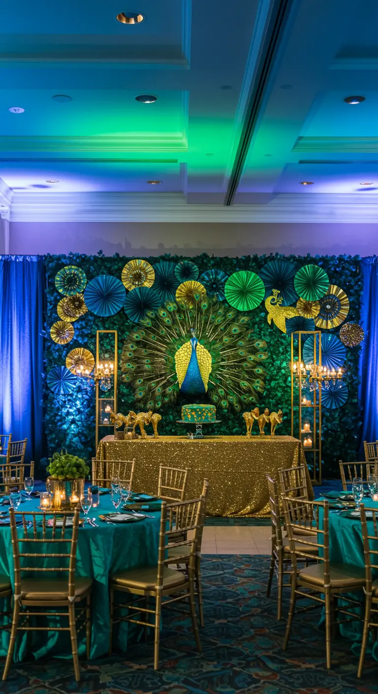 Pared decorativa con un pavo real hecho de abanicos de papel y un fondo de vegetación.