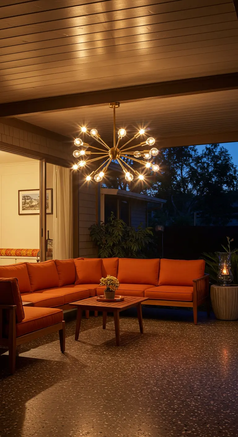 Porche de estilo Mid-Century con sofá naranja y una lámpara Sputnik dorada con múltiples bombillas.
