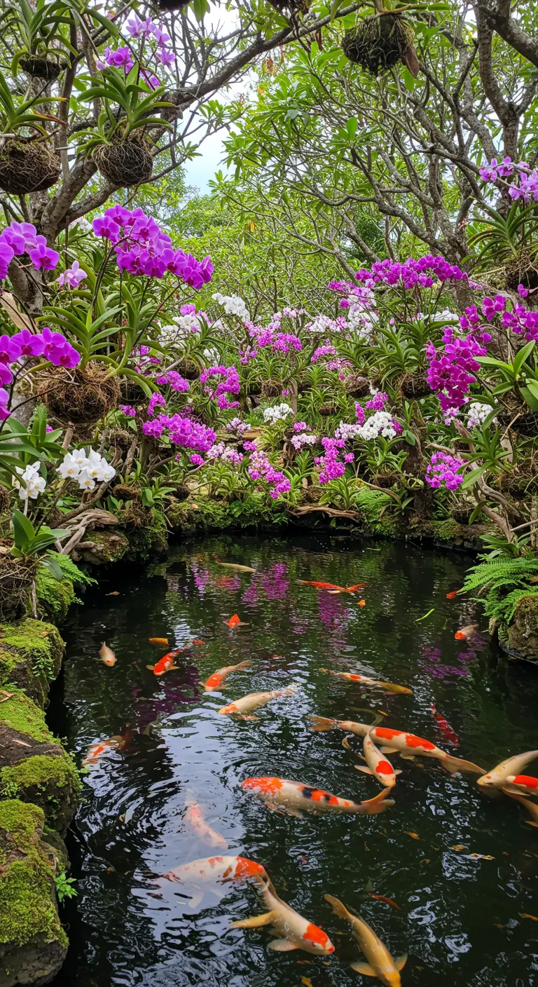 Estanque de peces koi rodeado de una explosión de flores de orquídeas moradas y blancas.