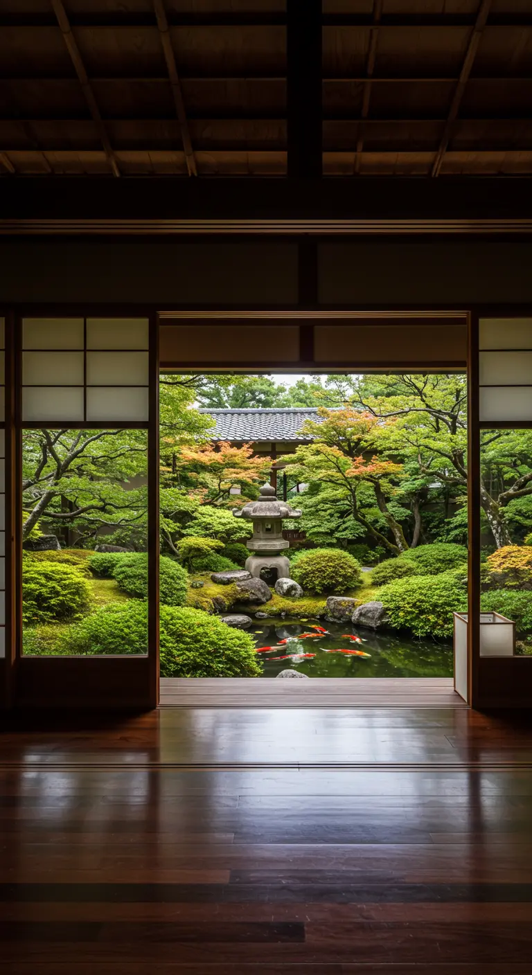 Vistas desde un dormitorio a un jardín japonés con estanque, linterna de piedra y peces koi.