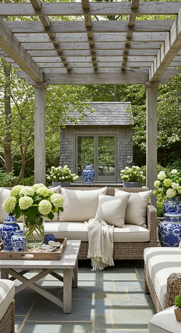 Patio costero con pérgola de madera envejecida y jarrones de porcelana azul.