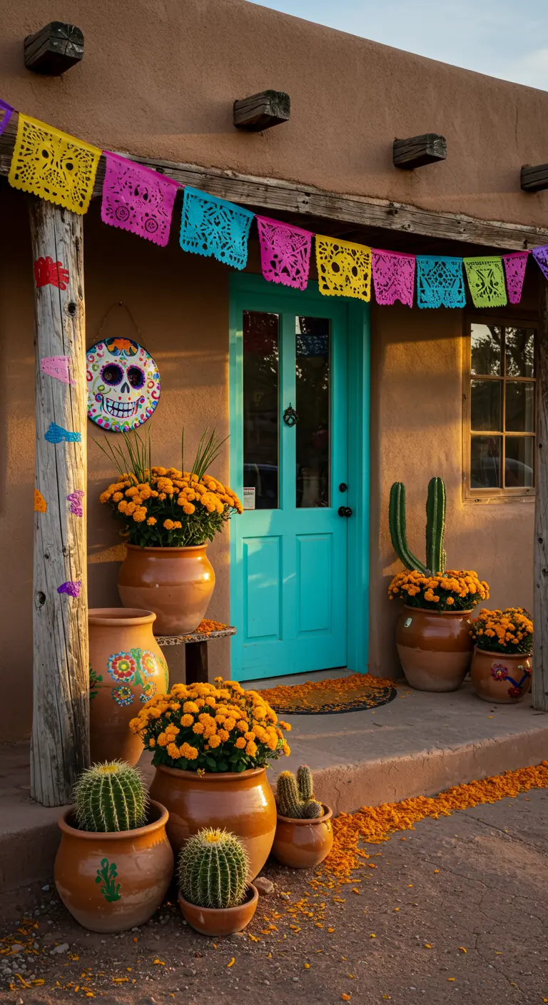 Entrada de una casa de estilo adobe con puerta turquesa, macetas de barro y cactus.