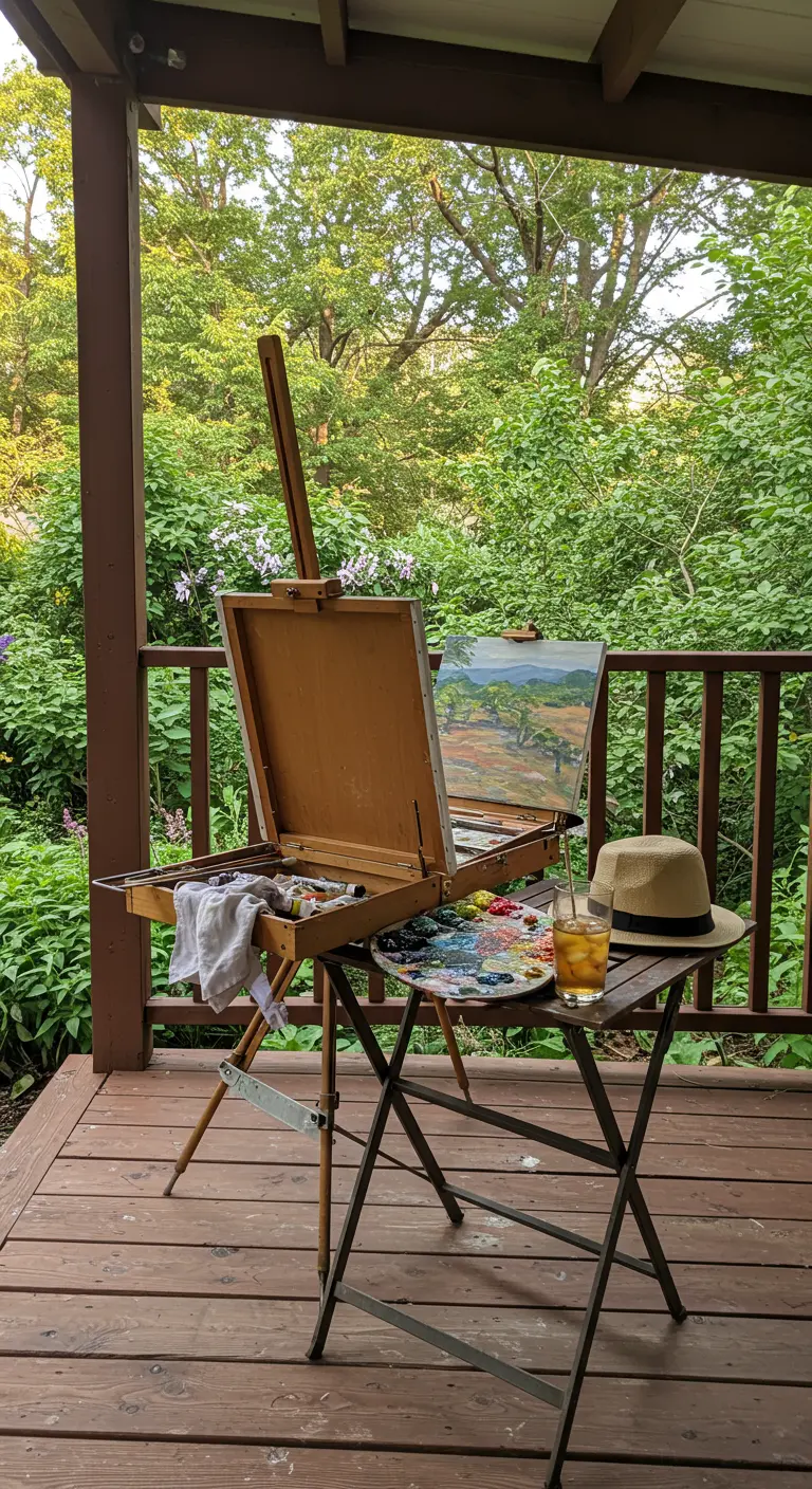 Caballete de pintura instalado en un porche de madera con vistas a un frondoso jardín verde.