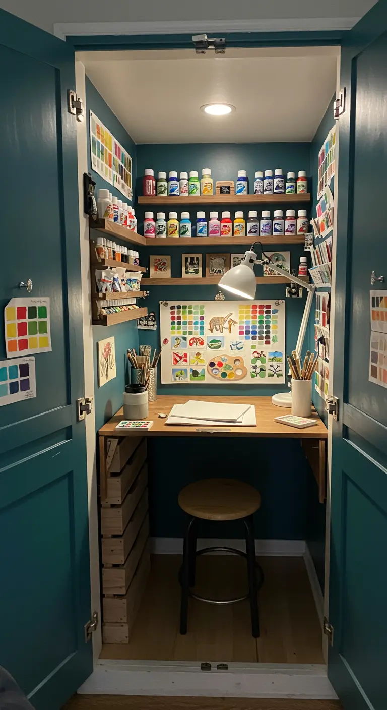 Armario convertido en un mini estudio de arte con estanterías para pinturas y un escritorio abatible.