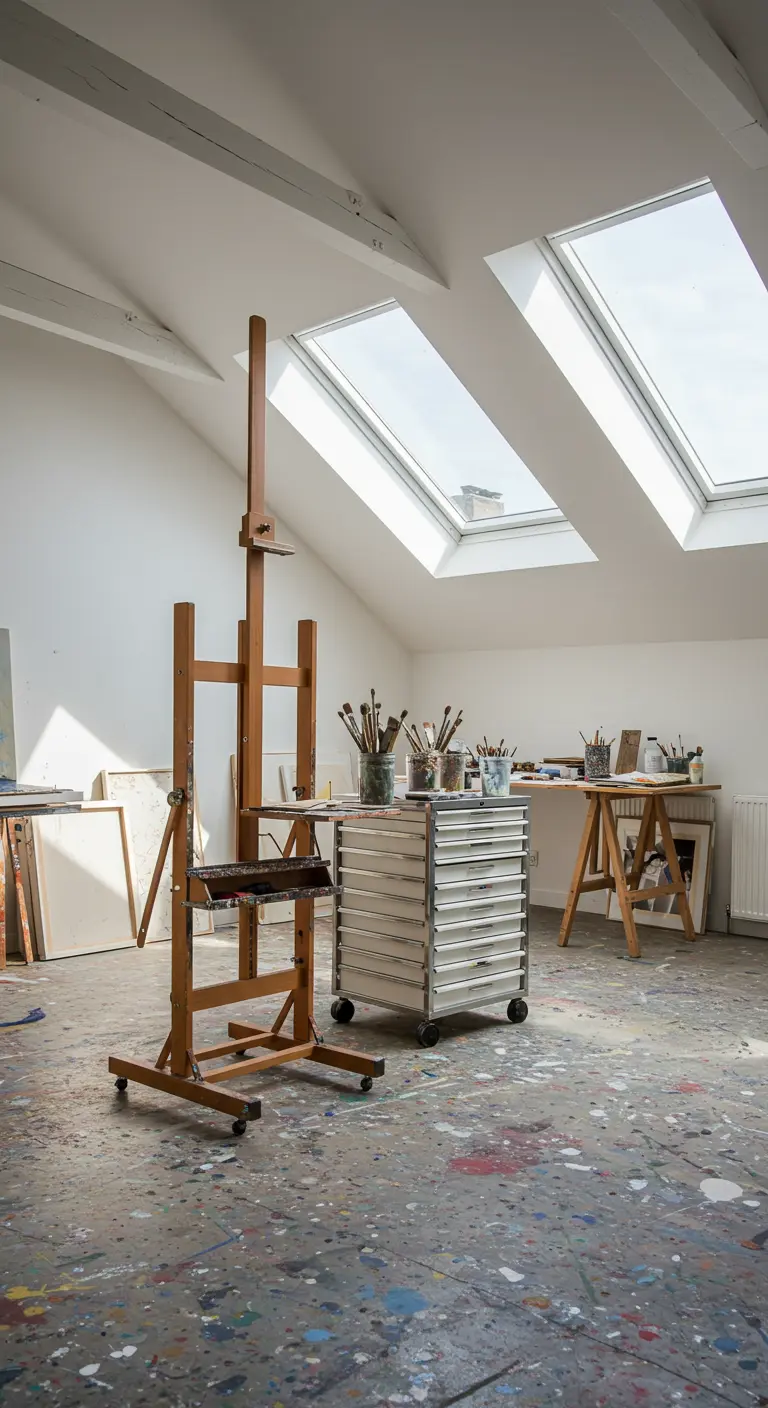 Estudio de artista con un caballete y un archivador con ruedas lleno de materiales.