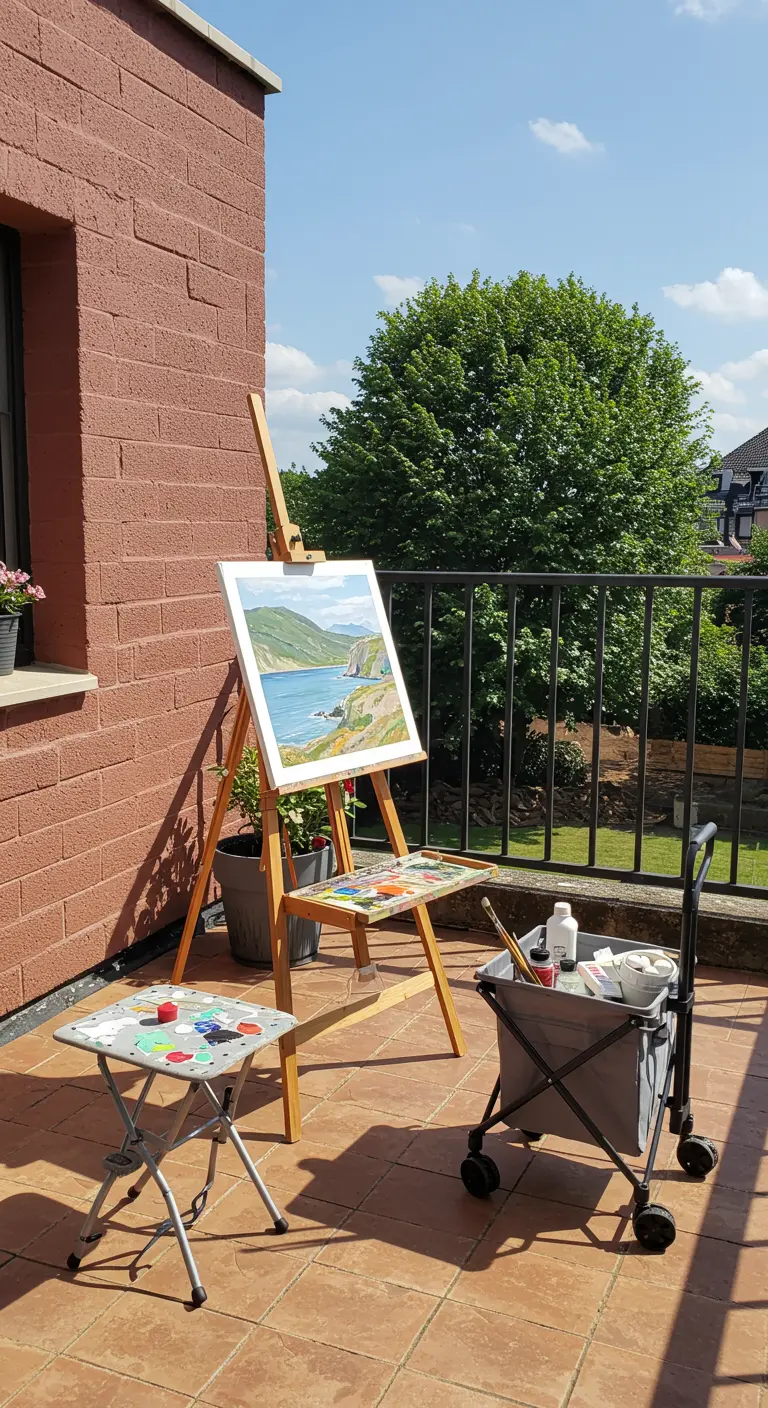 Caballete de pintura y un taburete plegable en una terraza, creando un estudio de arte al aire libre.
