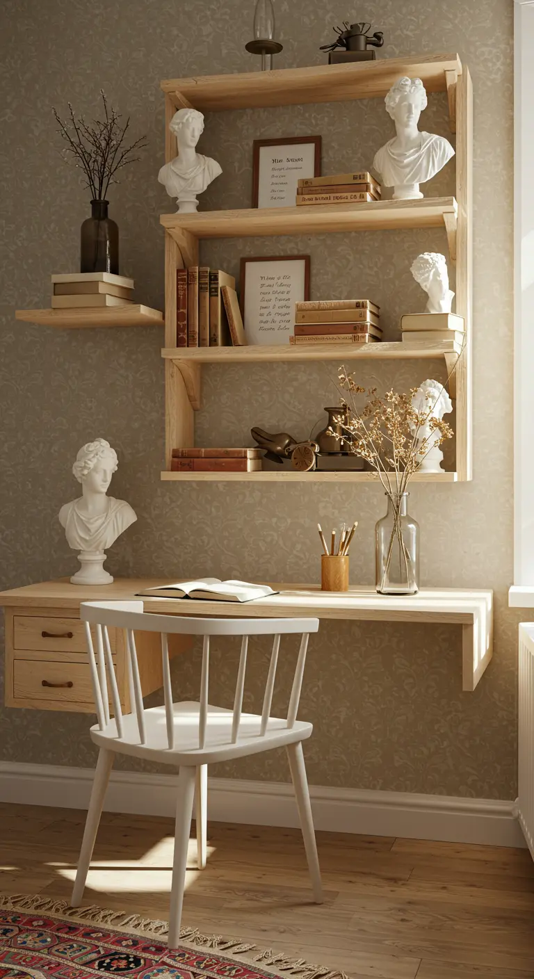 Rincón de trabajo de estilo neoclásico con muebles de madera, bustos blancos y libros antiguos.