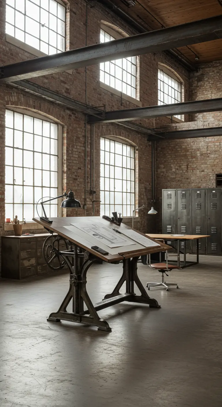 Gran estudio tipo loft industrial con una mesa de dibujo de arquitecto vintage como pieza central.
