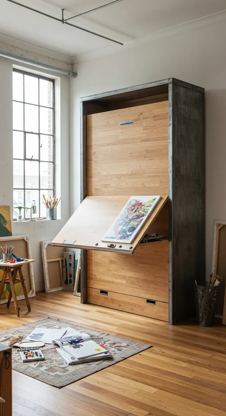 Estudio de artista con una cama abatible cuyo escritorio se inclina como un caballete de dibujo.