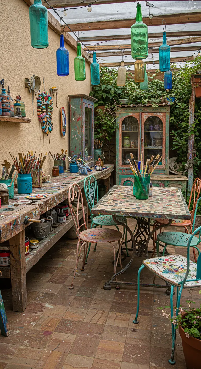 Patio bohemio y artístico con muebles pintados de colores, una mesa de mosaico y herramientas de pintura.
