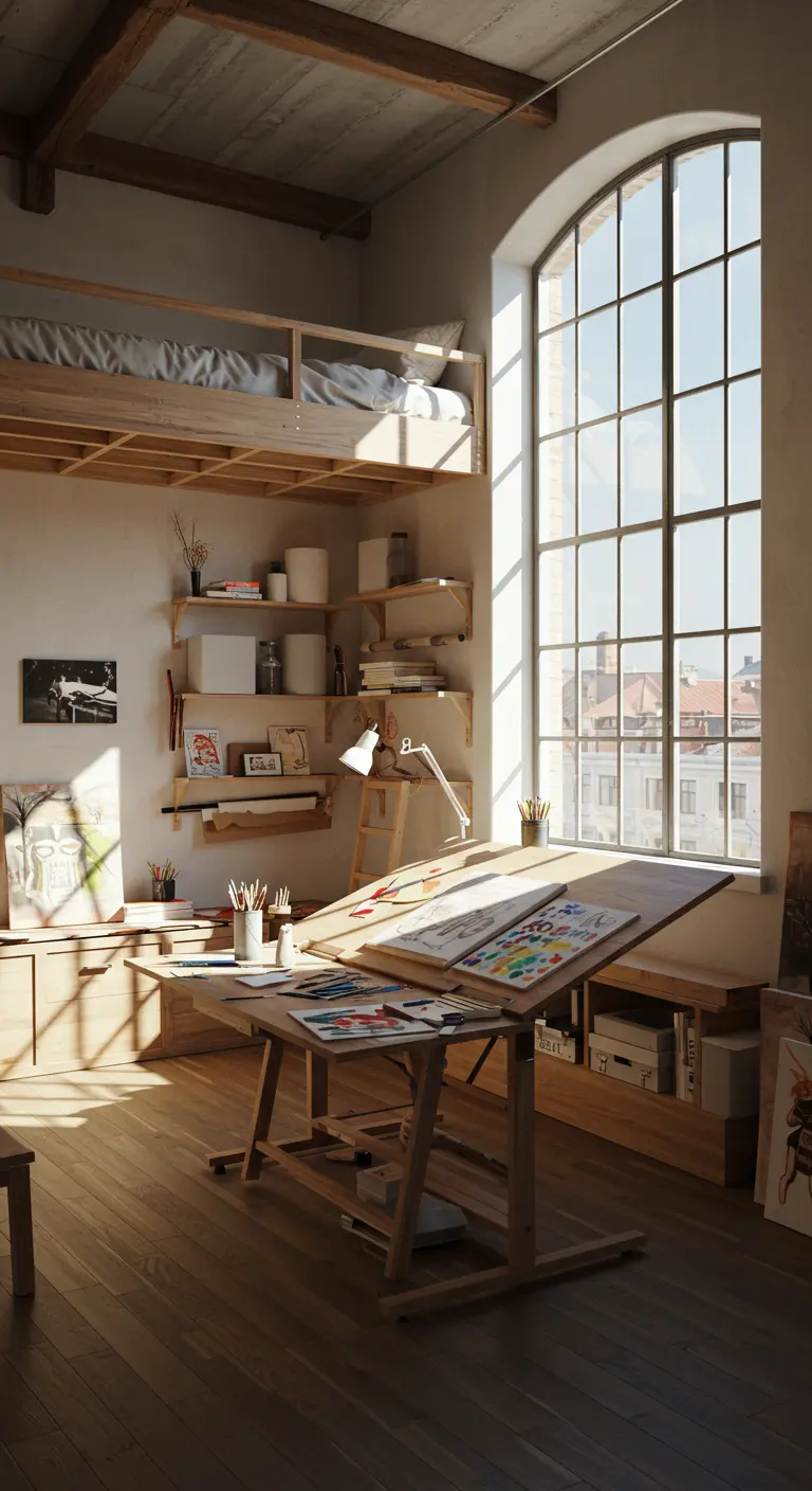 Cama alta de madera en un estudio de artista con un gran ventanal y mesa de dibujo