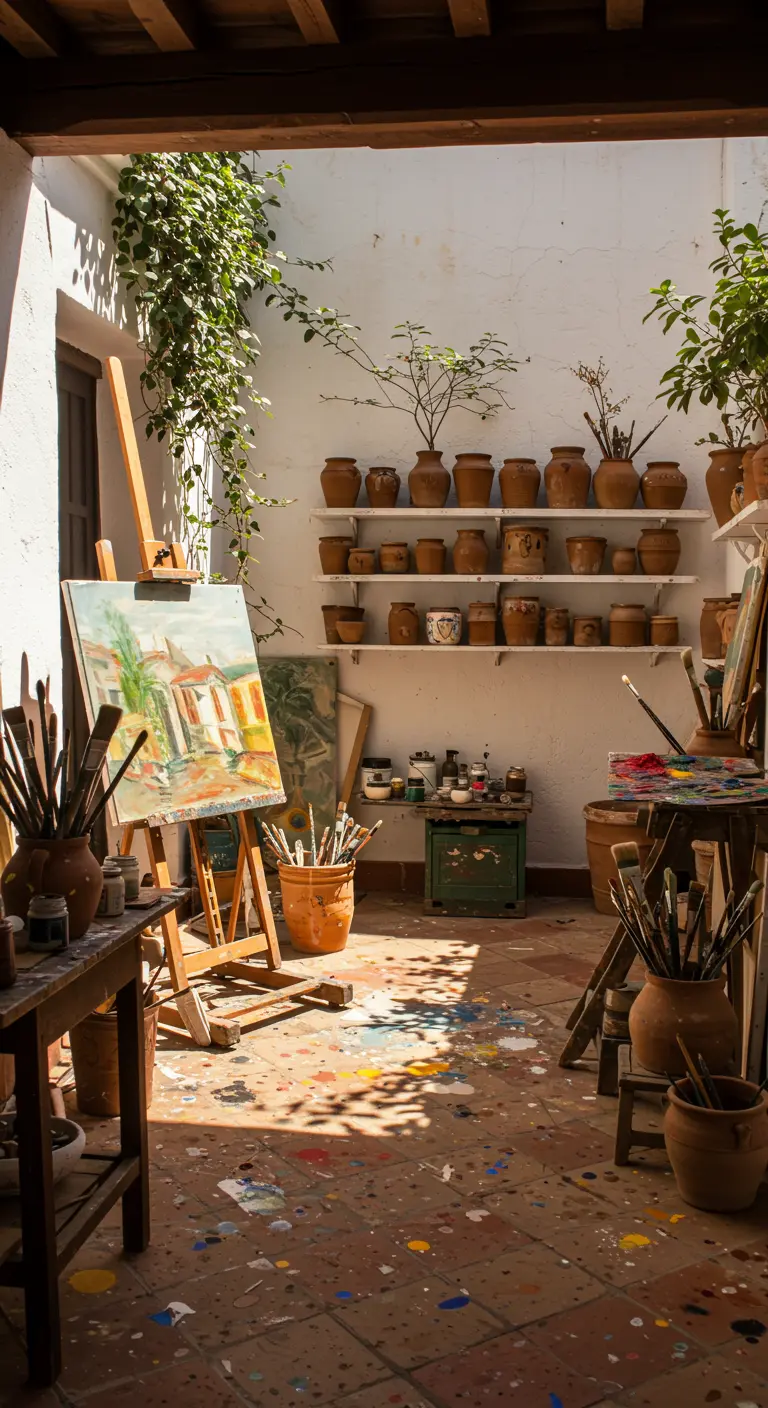 Patio convertido en el estudio de un artista, con un caballete, pinturas y muchas macetas