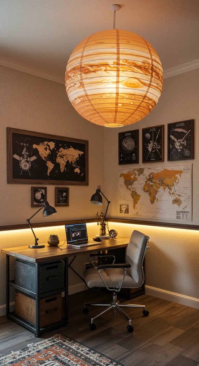 Oficina en casa con una gran lámpara de Júpiter, mapas antiguos y muebles de madera y metal.
