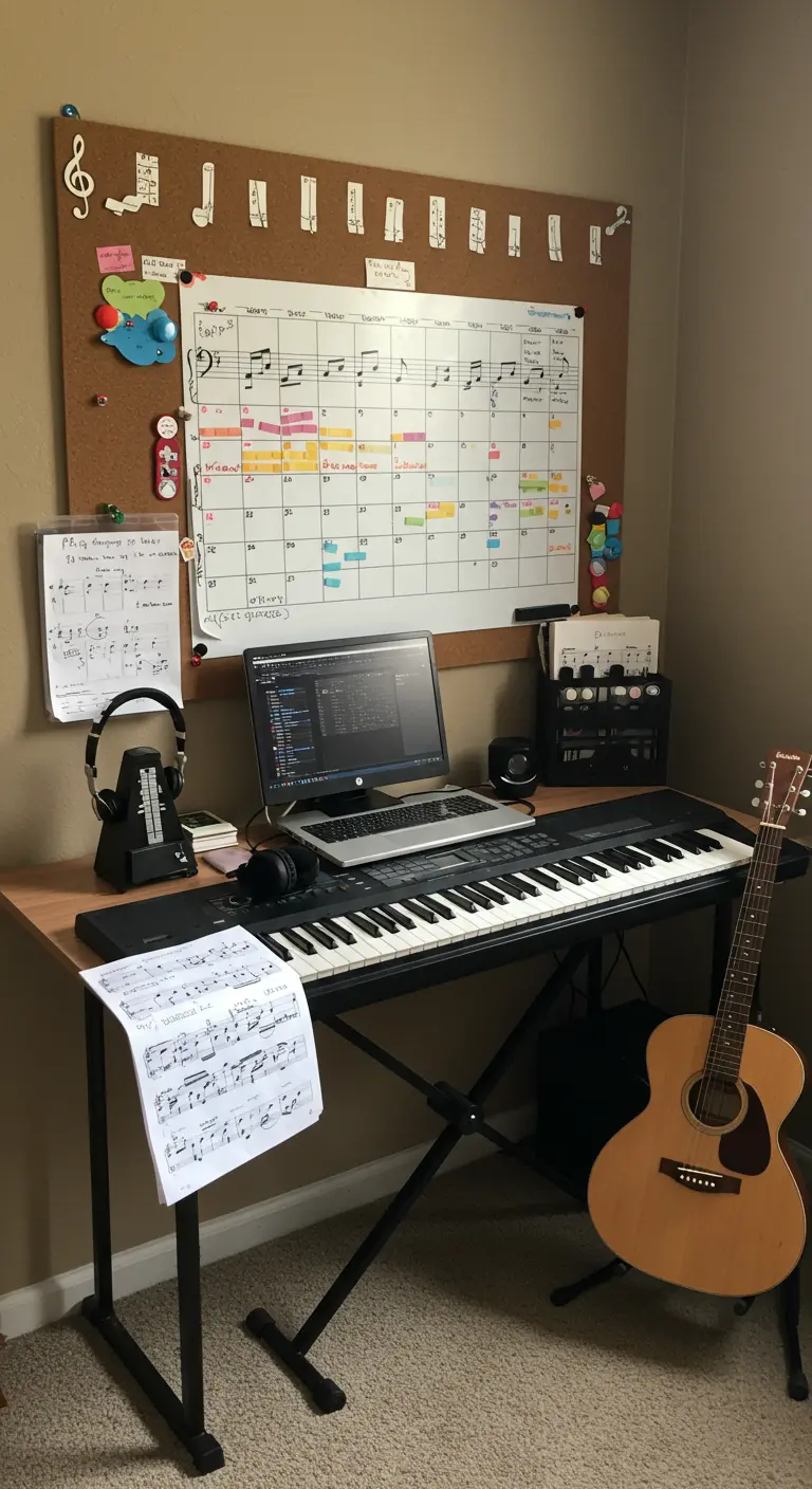 Rincón de música con un teclado, guitarra y un tablón de corcho con un calendario y partituras.