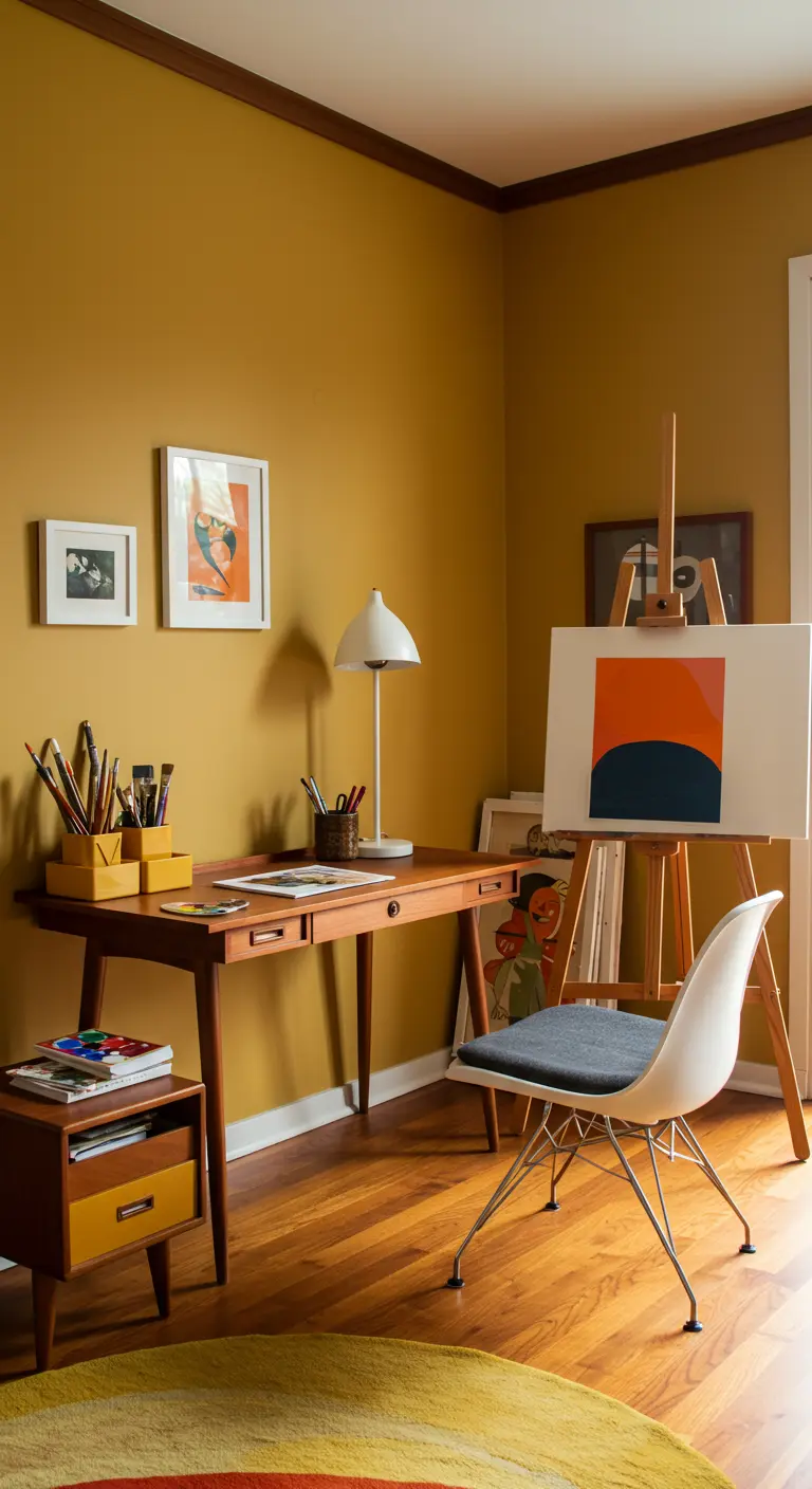 Estudio de arte de estilo Mid-Century Modern con paredes mostaza y escritorio de madera.