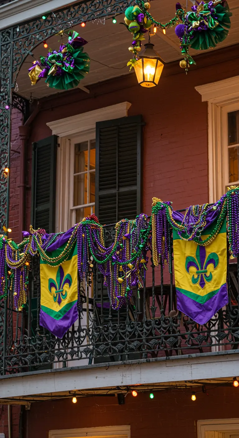 Balcón de hierro forjado decorado para Mardi Gras con banderas, cuentas y adornos morados y verdes.