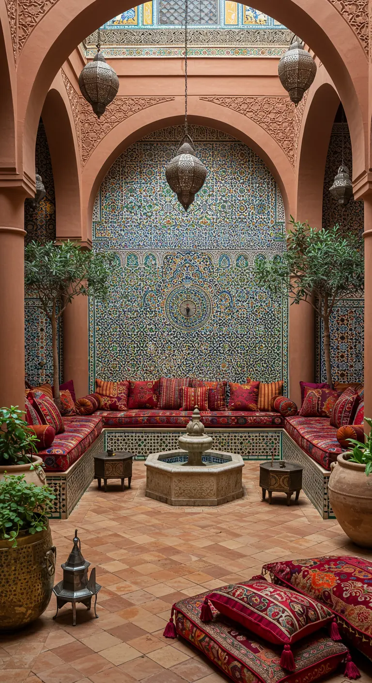 Patio interior de estilo marroquí con una pared de mosaicos, sofás bajos y una fuente.