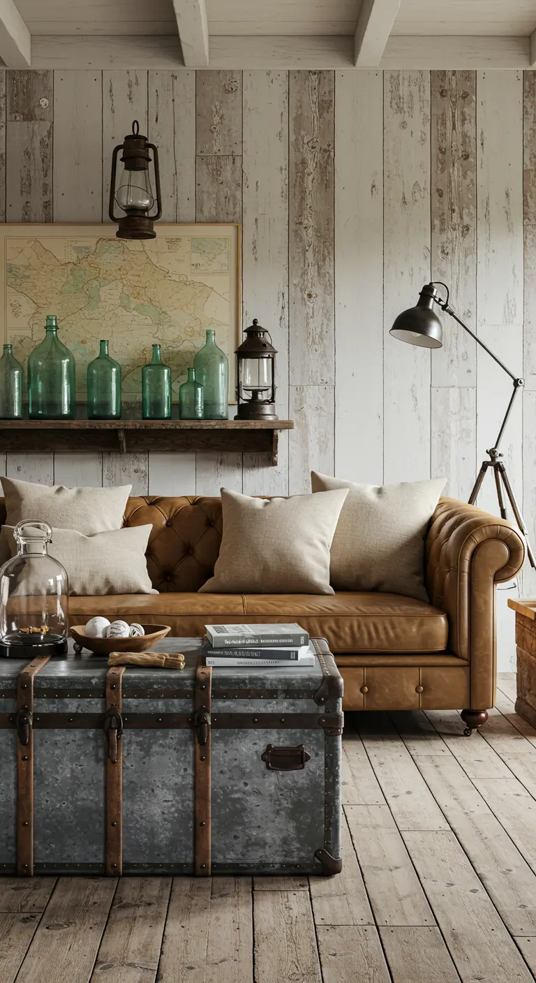 Salón rústico con paredes de madera recuperada, sofá de cuero y un mapa antiguo.
