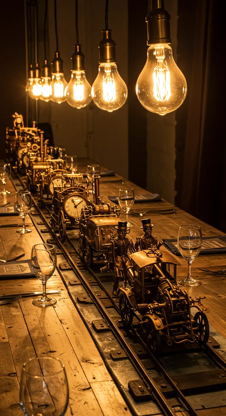 Procesión de un tren steampunk en miniatura sobre una mesa de madera iluminada por bombillas Edison.