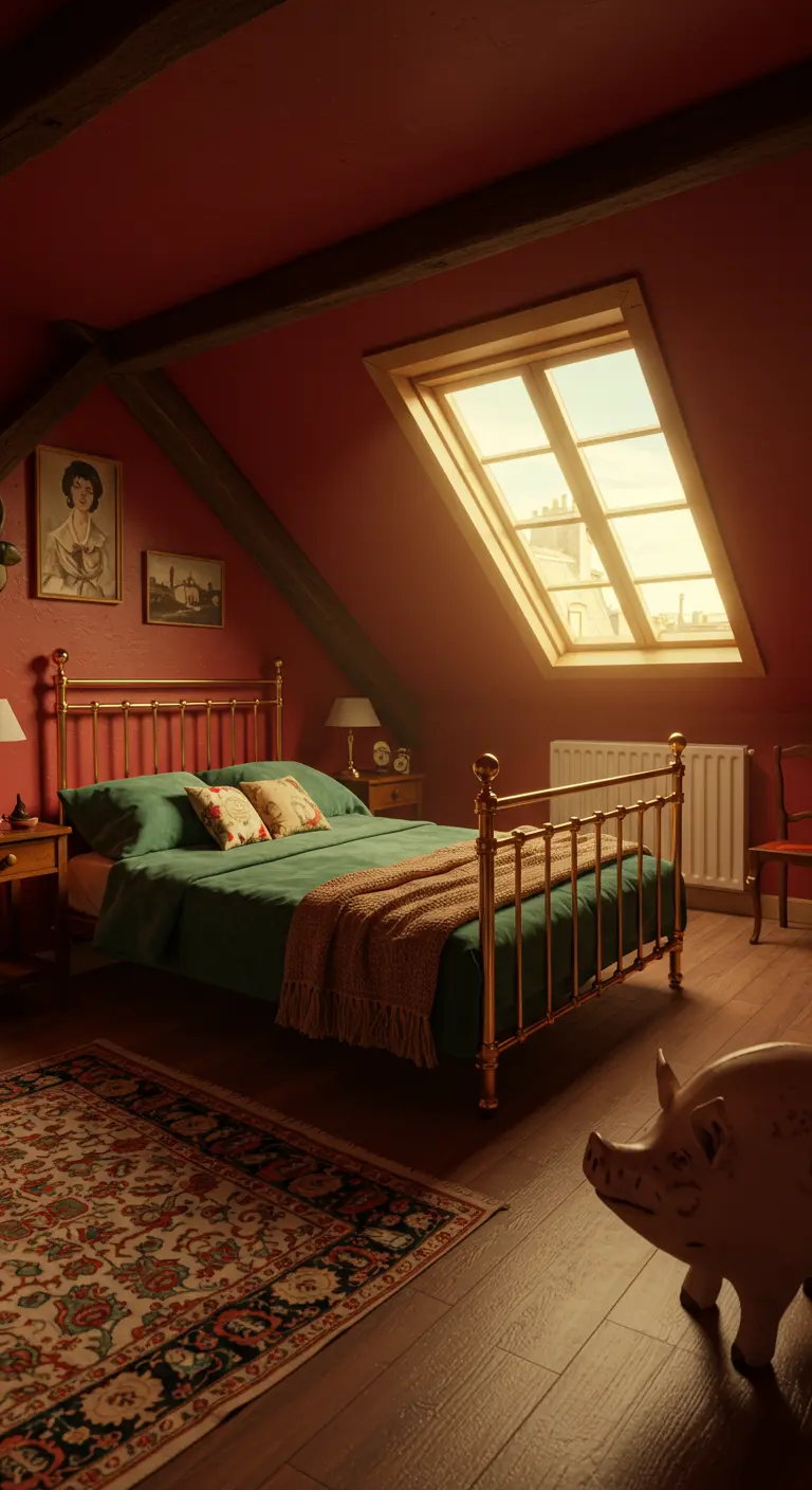 Dormitorio abuhardillado con paredes rojas, cama de latón y decoración vintage ecléctica.
