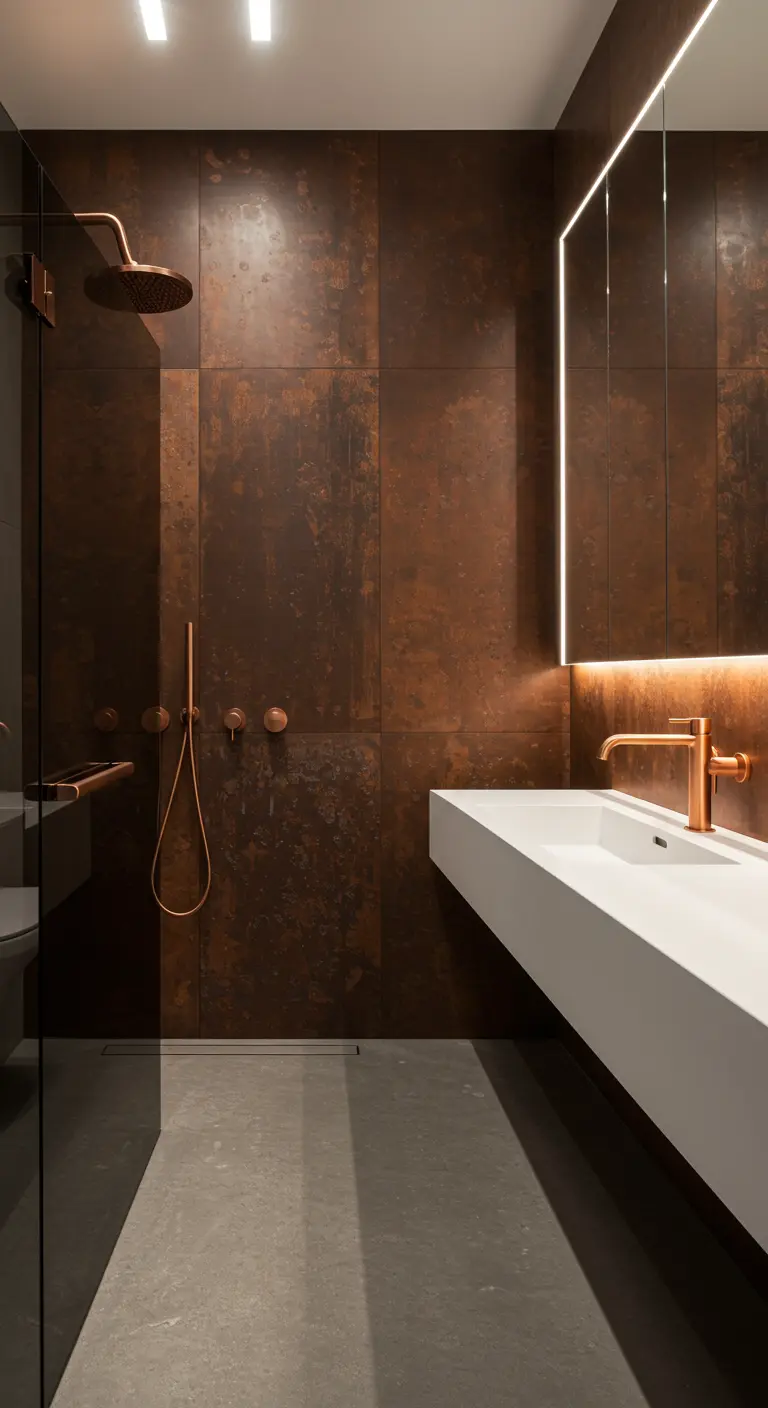 Baño moderno con azulejos efecto acero corten y lavabo blanco flotante.
