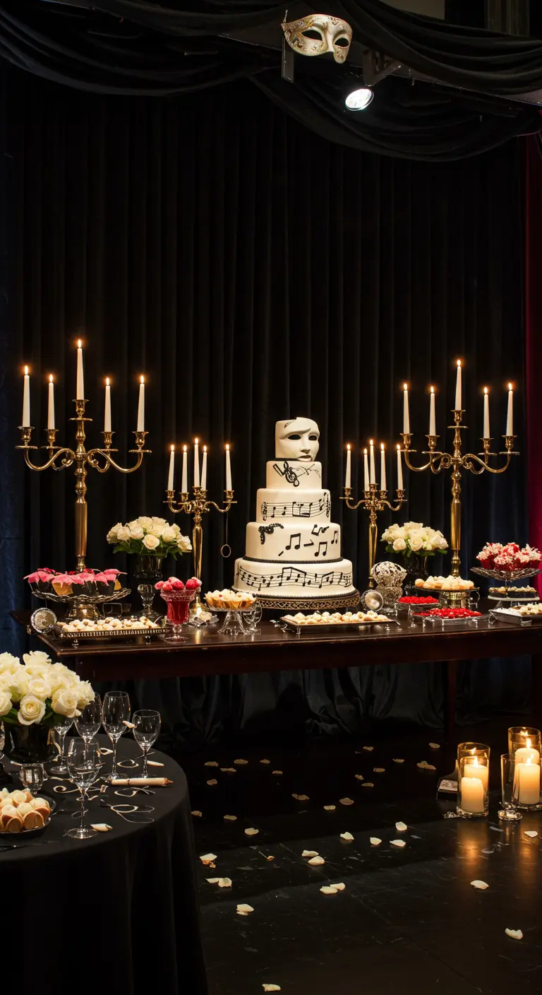Mesa de postres temática del Fantasma de la Ópera con un pastel decorado y candelabros.