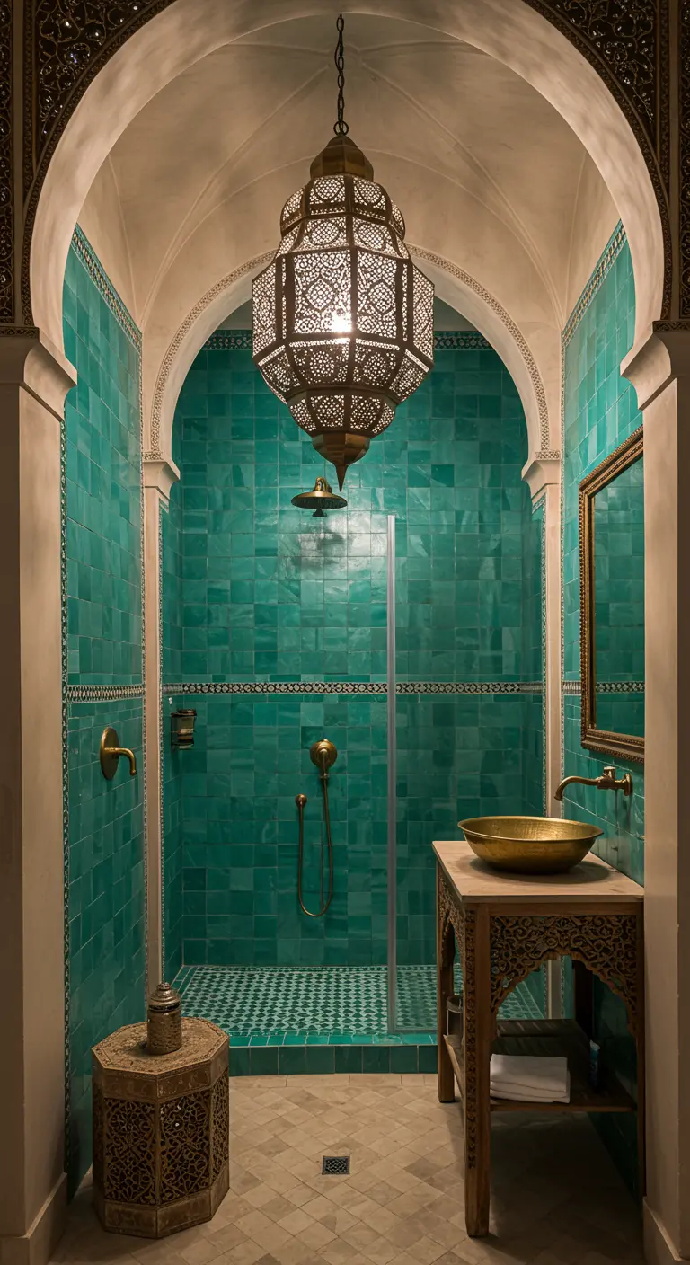 Baño de estilo marroquí con azulejos turquesa y una gran lámpara de metal