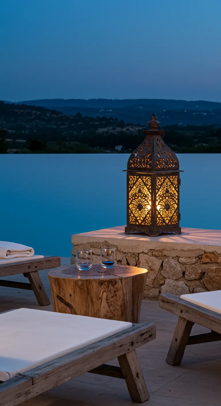 Farol de estilo marroquí sobre un muro de piedra junto a una piscina al atardecer