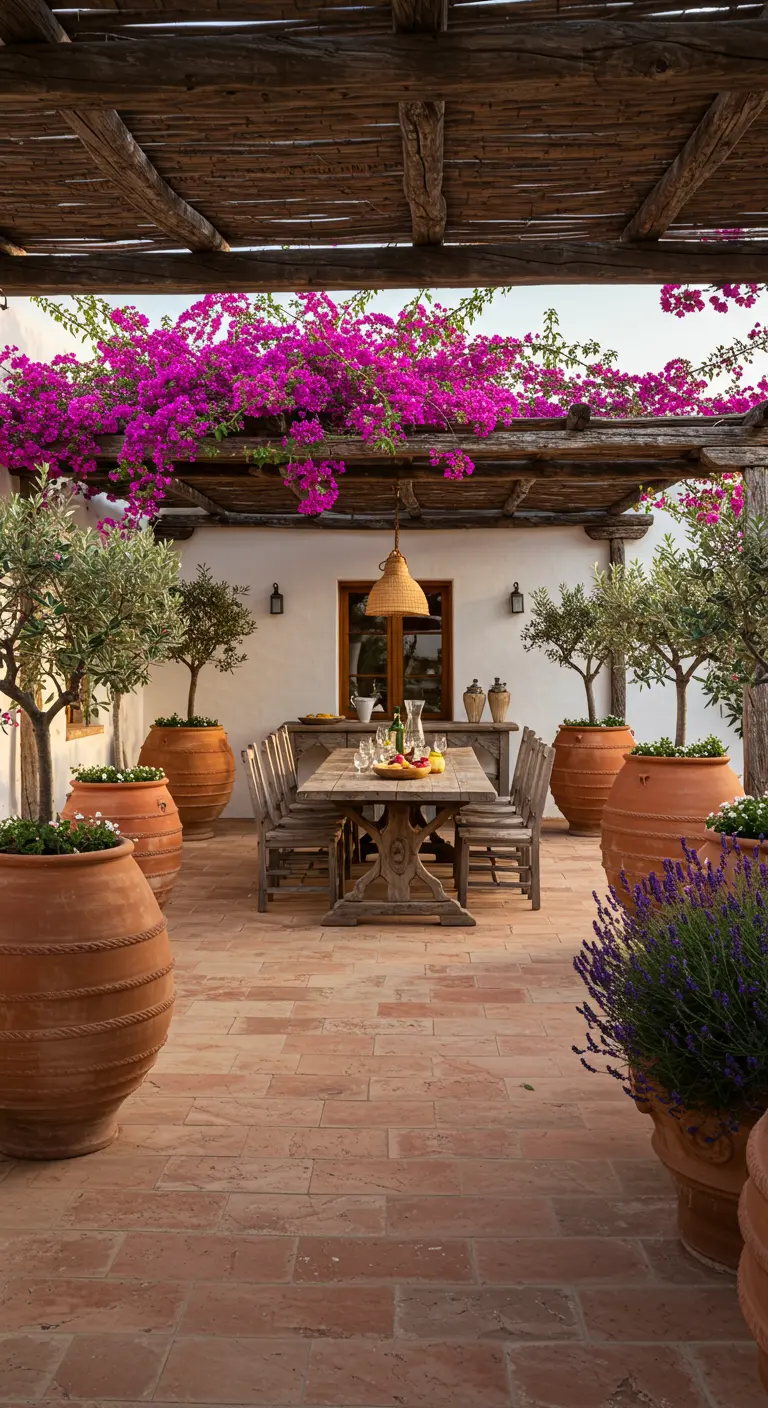 Patio mediterráneo con pérgola de madera rústica cubierta de buganvillas y una gran mesa de comedor.