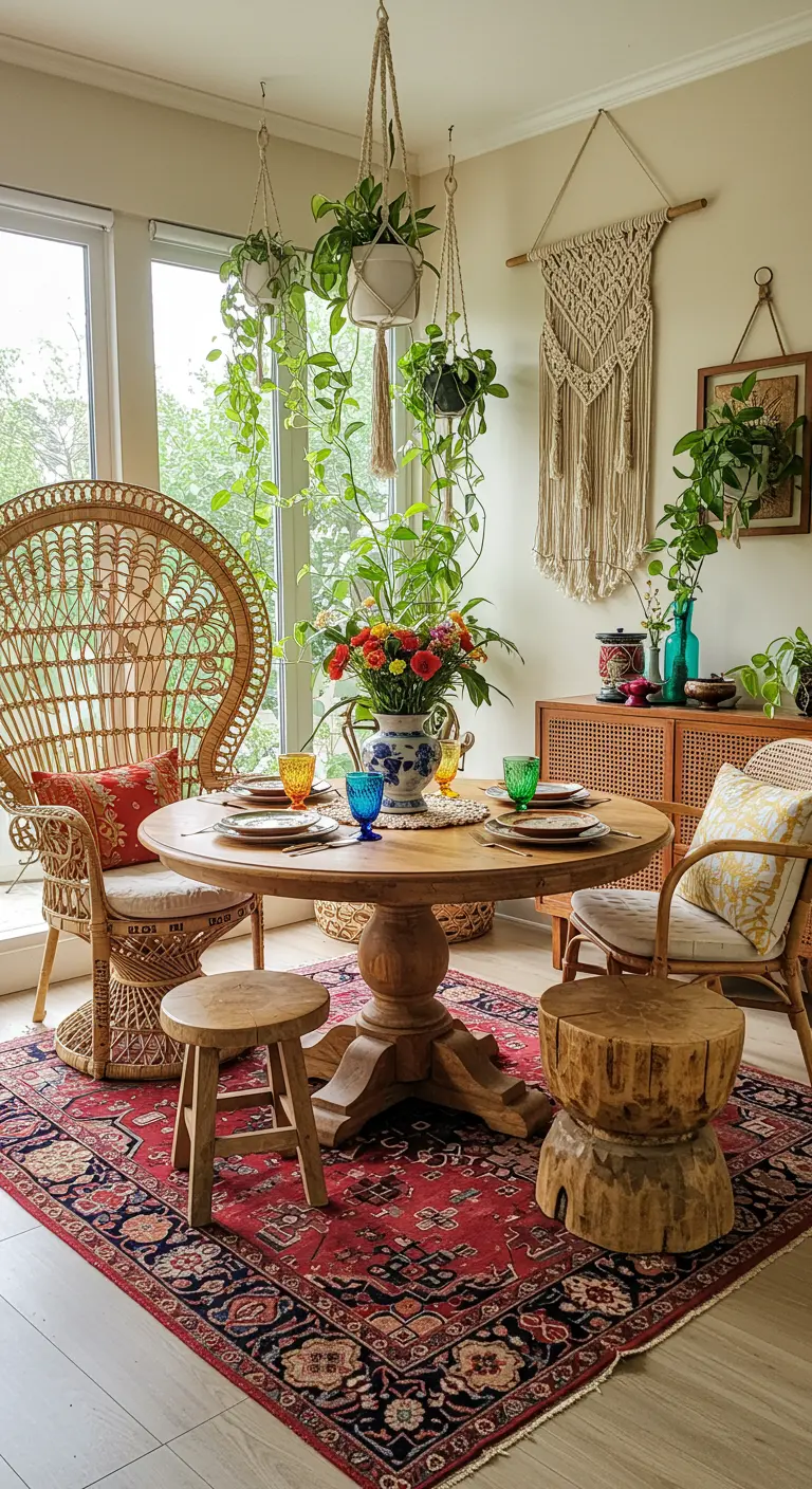 Comedor bohemio con una silla pavo real, taburetes de madera y muchas plantas colgantes.