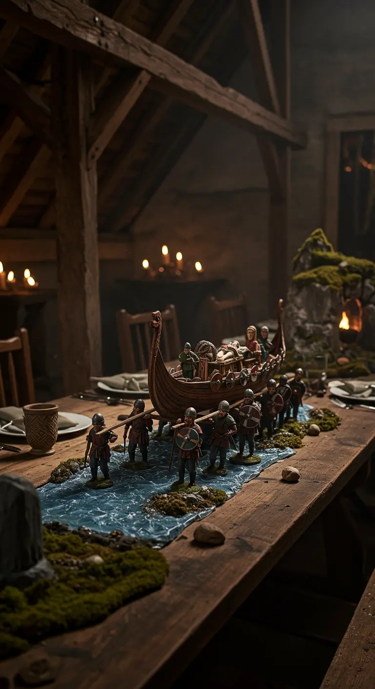 Mesa rústica de madera con una procesión de un barco vikingo y guerreros en un río de musgo.