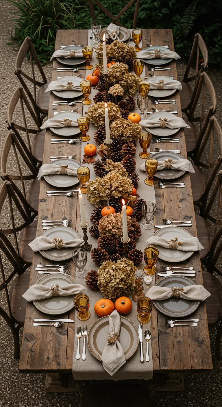 Mesa de comedor rústica con un camino de mesa de piñas, flores secas y calabazas.