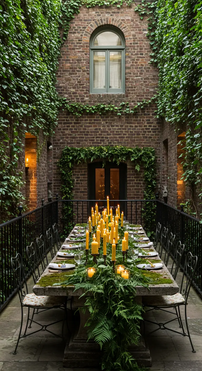 Patio interior con paredes de hiedra y una mesa de piedra cubierta de musgo y velas altas.