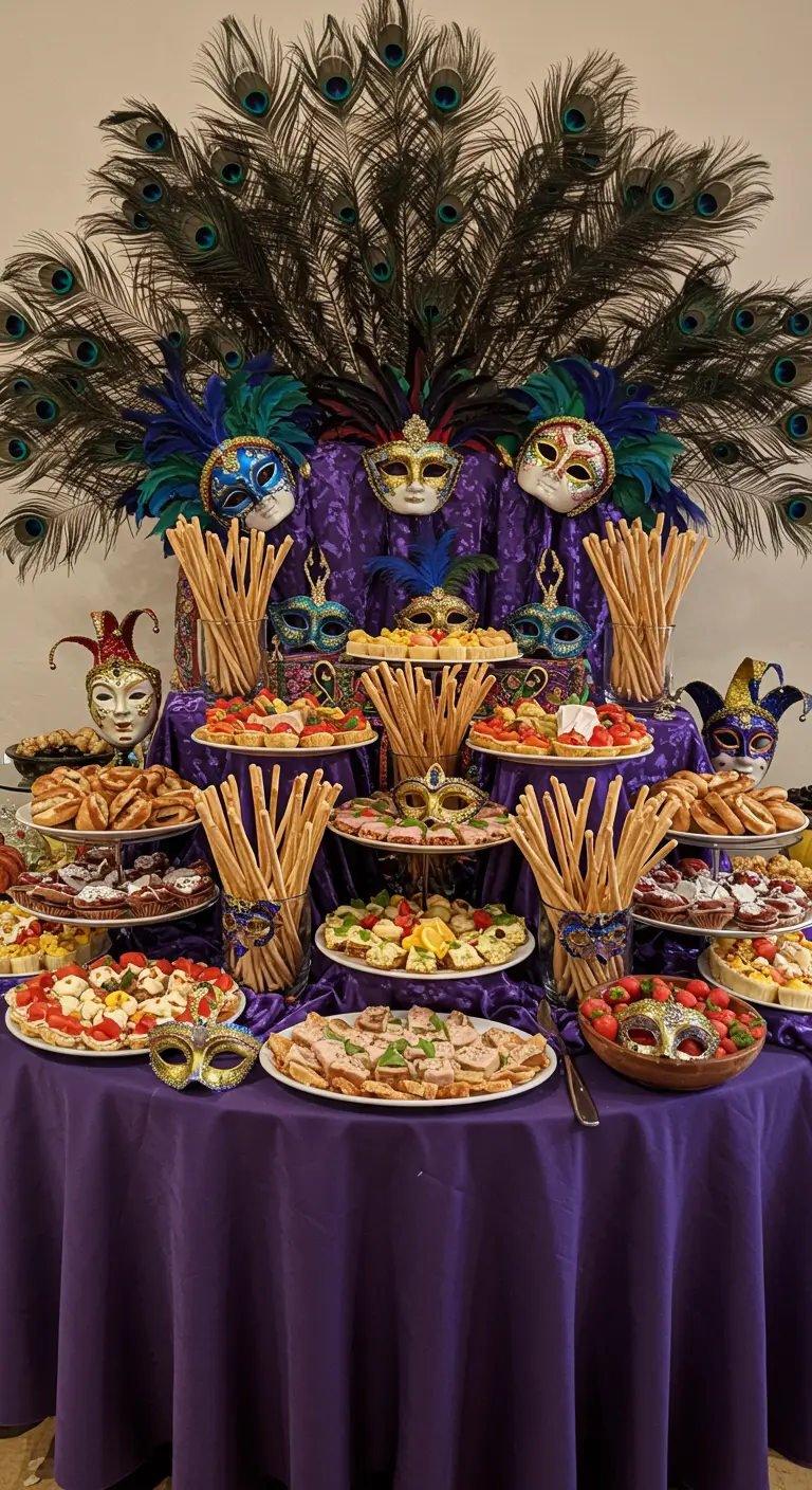 Mesa de buffet de Carnaval con un gran fondo de plumas de pavo real y máscaras.