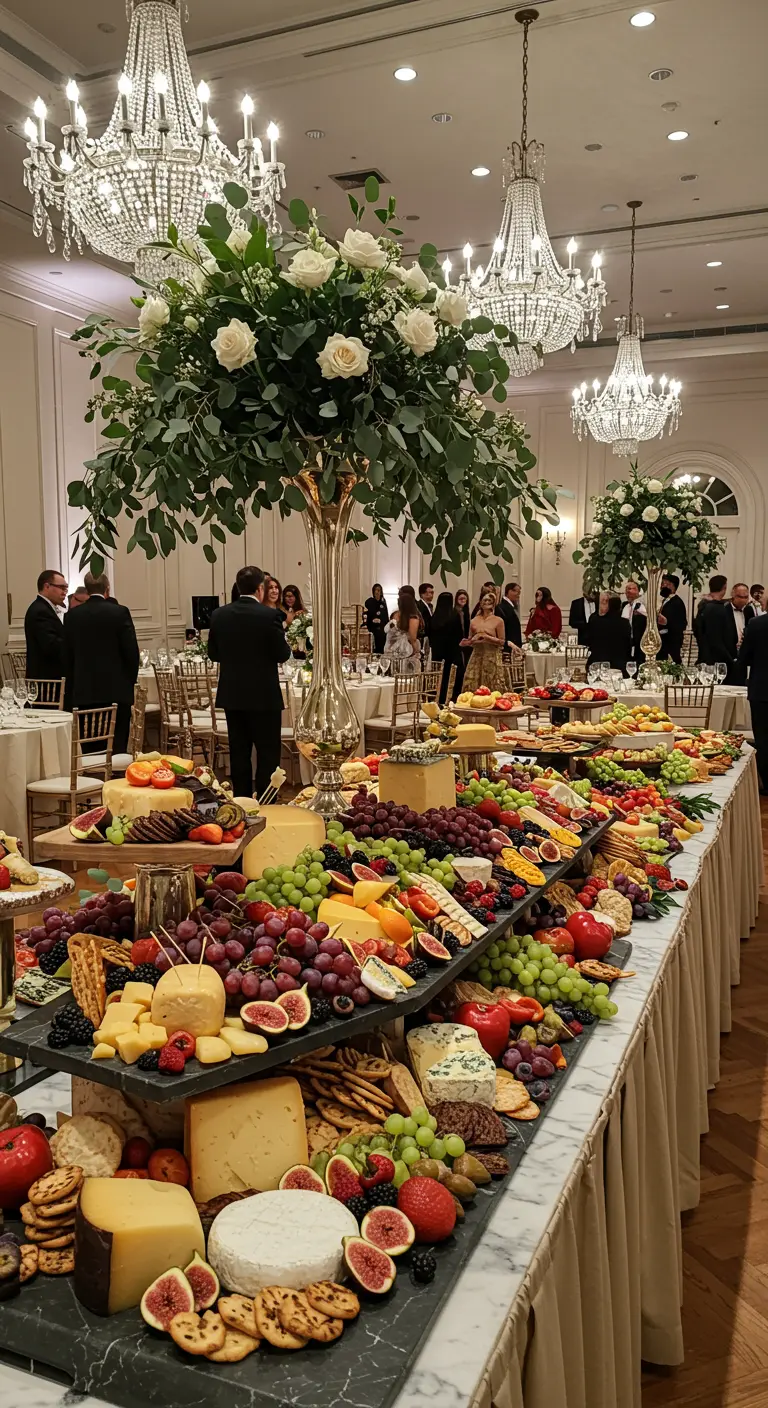 Mesa de quesos y frutas en un elegante salón de bodas con candelabros.