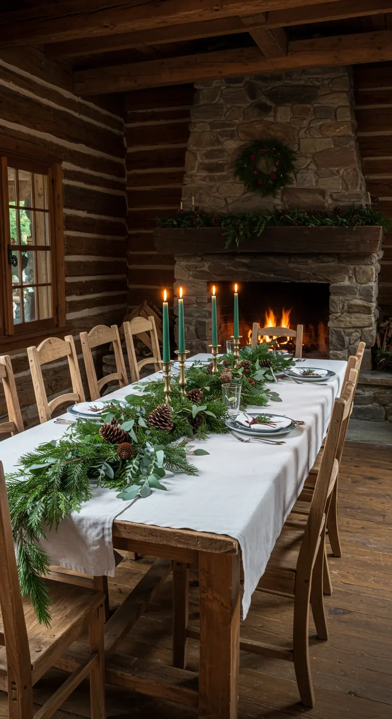 Mesa rústica de madera en una cabaña con un gran camino de pino y velas verdes.