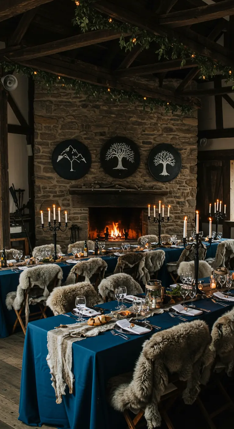 Recepción de boda de inspiración vikinga con pieles en las sillas y escudos en la pared.
