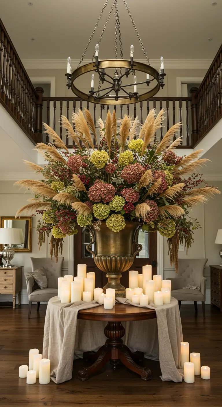Gran recibidor con una mesa redonda central, un enorme arreglo floral y docenas de velas.