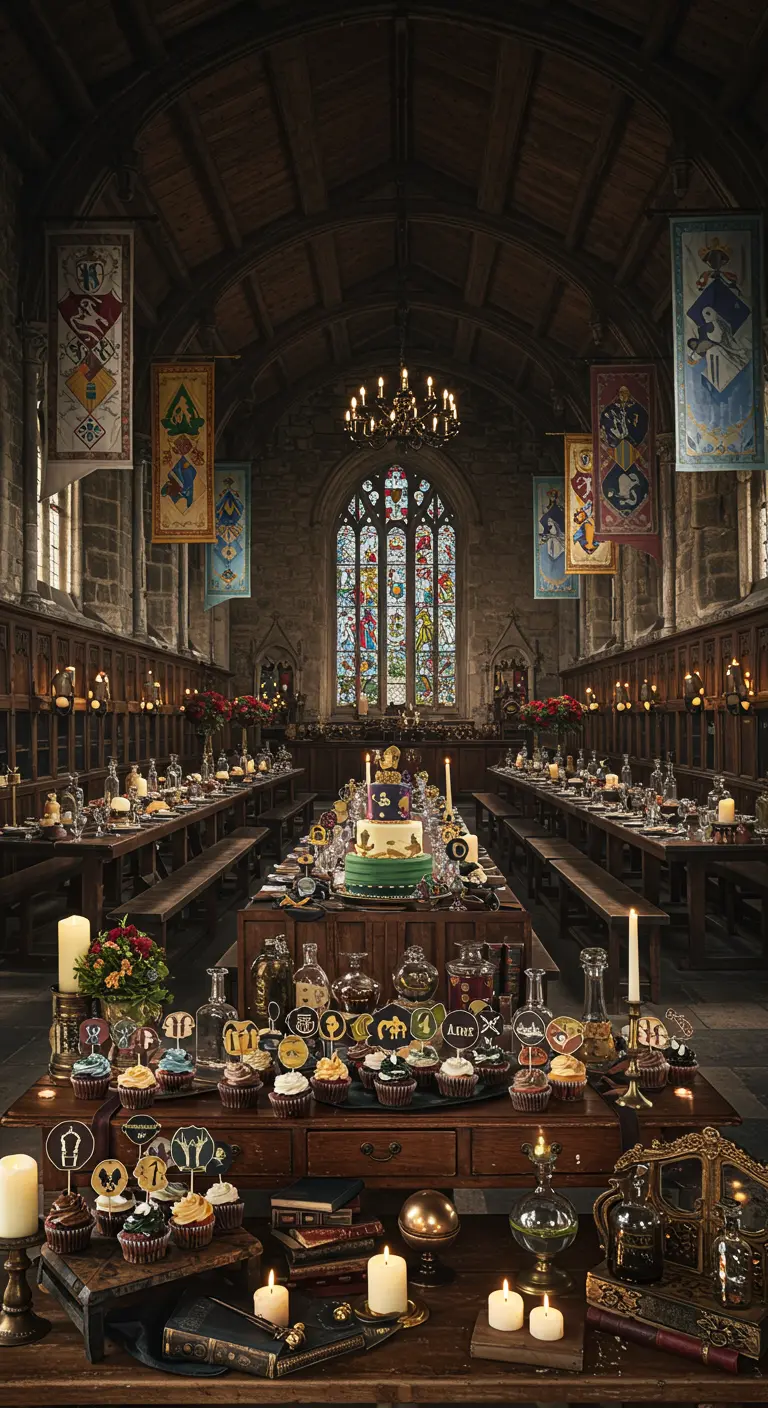 Impresionante mesa de postres temática de Harry Potter en un salón de estilo gótico.