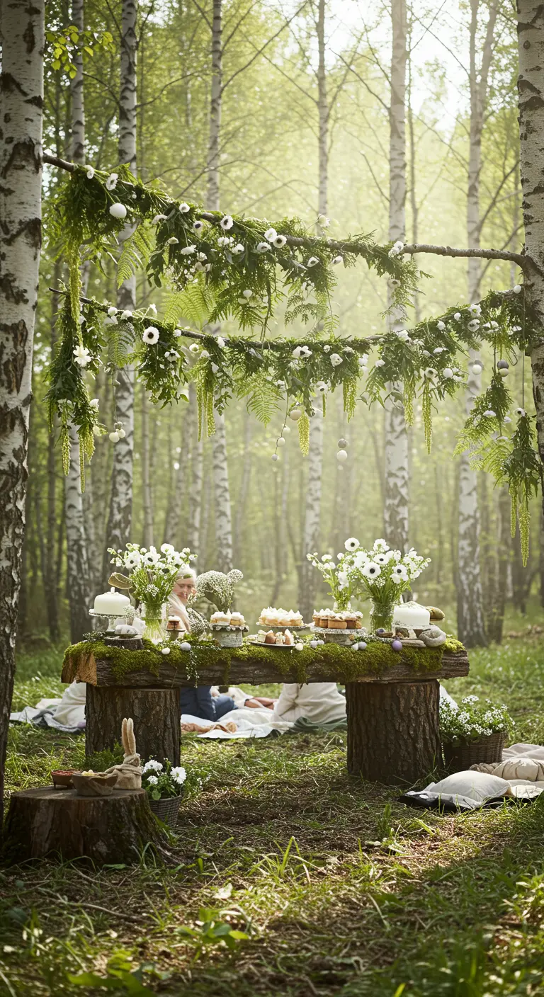 Mesa de postres en un bosque decorada con musgo y una guirnalda de flores blancas.