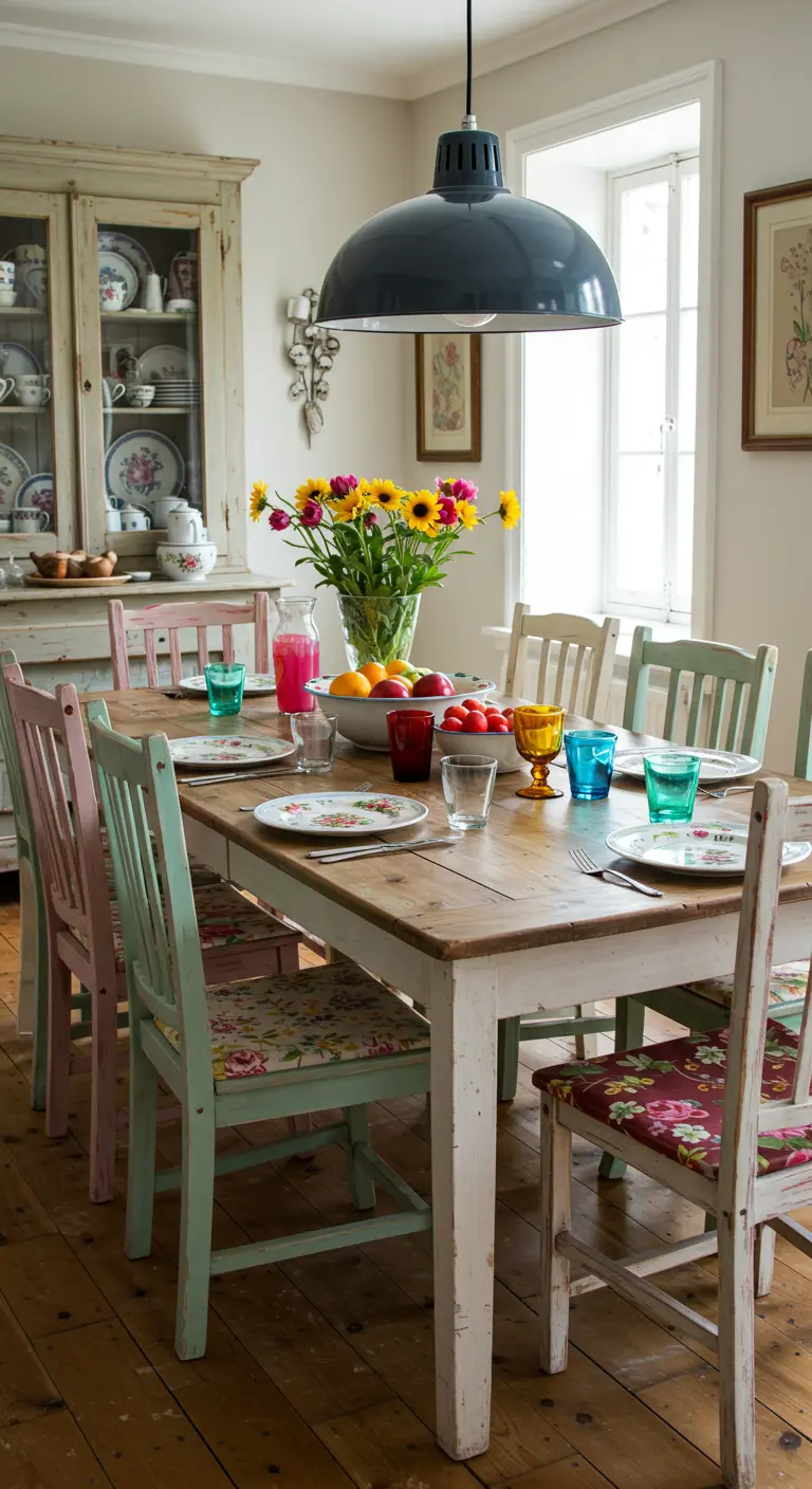 Comedor de estilo cottage con una mesa blanca y una colección de sillas de madera de diferentes colores y estilos.