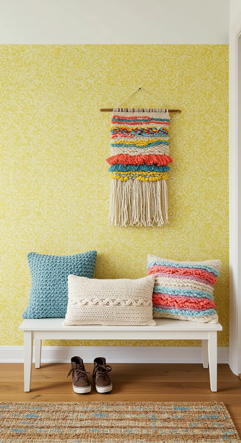 Recibidor con un tapiz tejido de colores vivos colgado sobre un banco con cojines texturizados.